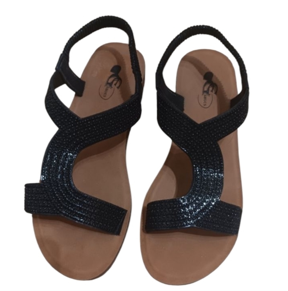 GC Shoes Women's Jeweled T Strap Wedge Sandals, Black Shiny "Ivana" Size 9